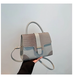 Detailed close-up of grey crocodile embossed texture and golden buckle on handbag