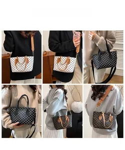 Collage of model wearing vintage printed tote bags in white, black, and brown finishes