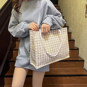 Stylish yellow houndstooth canvas tote bag with large capacity for daily commuting