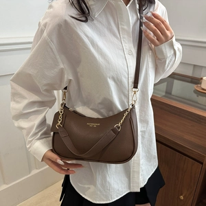 Retro dark brown hobo bag in lychee texture leather with gold chain and crossbody strap