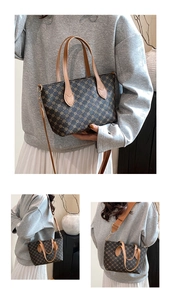 Detail shots of vintage tote bag showing brown leather handles and floral monogram pattern