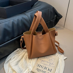 Women Litchi Pattern PU Leather Bucket Shoulder Bag Large Capacity Simple Solid Color Handbag Crossbody Bag Daily Fashion