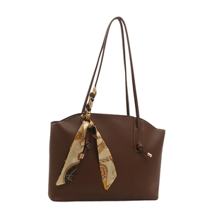 Brown lychee texture tote bag for women with decorative vintage silk scarf and long straps
