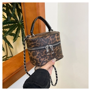 Detailed macro of the vintage leopard print vanity case bag with dual zip closure