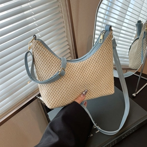 Women Fashion Straw Woven Spliced PU Leather Shoulder Bag Large Capacity Casual Hobo Underarm Crossbody Bag Summer Beach Bag