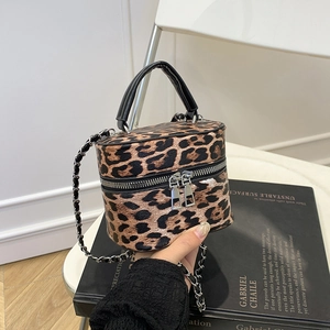 Vintage Leopard Print Cylinder Shoulder Bag For Women PU Leather Crossbody Bag Fashion Retro Boxy Handbag Large Capacity Tote