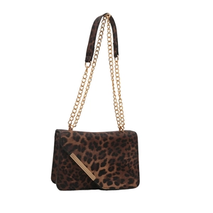 Chic leopard print crossbody bag with gold chain strap and metallic trim detail