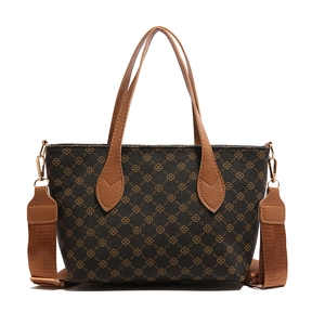 Vintage patterned tote bag in brown canvas with leather handles and wide strap
