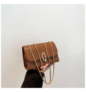 Detail of brown woven textured crossbody bag with elegant gold chain strap and buckle