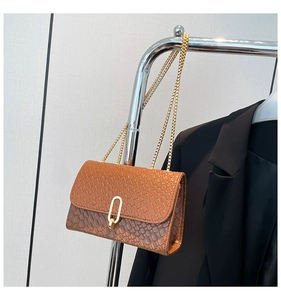 Detail of brown woven shoulder bag featuring a gold oval lock and elegant chain strap