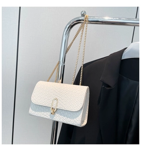 Detail of white woven crossbody bag with gold chain strap and metal clasp on office outfit