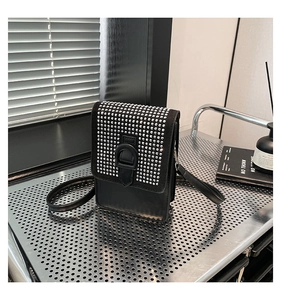 Vue détaillée d'un sac noir avec des strass argentés et un fermoir en forme de D