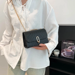 Minimalist black woven shoulder bag with gold chain strap and metallic oval buckle