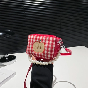 Women Mini Shoulder Bag Plaid Nylon PU Leather Apple Embroidery Artificial Pearl Handle Sweet Korean Crossbody Handbag For Daily Outing