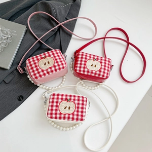 Cute plaid makeup bag set with apple embroidery and faux pearl handles in 3 colors