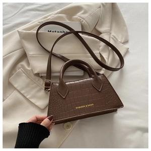 Detail of brown crocodile pattern handbag with Fashion and Bags logo in a fashion scene