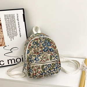 Women Mini Floral Jacquard Backpack Vintage Tapestry Small Rucksack With PU Leather Straps Casual Fashion Travel Bag