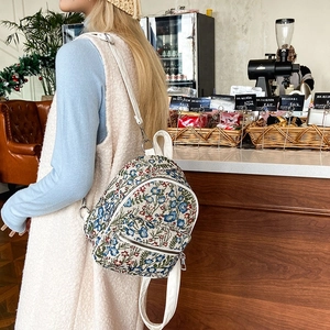 Fashionable floral tapestry small backpack with white straps for women casual style