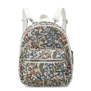 Floral embroidery mini backpack with blue petals and white faux leather trim details