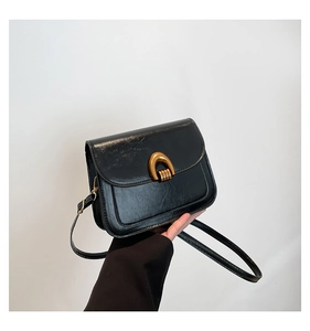 Close-up of a retro black square crossbody bag with a golden horseshoe metal buckle