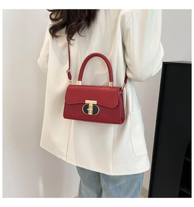 Model view of red matte leather crossbody bag with T-shaped metal clasp and top handle
