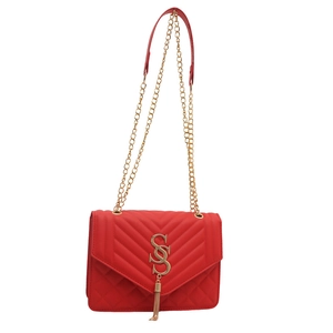 Sac bandoulière chic en similicuir rouge matelassé avec chaîne dorée et logo SGS