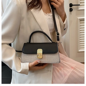 Detail of vintage square crossbody bag with gold buckle lock and contrast textures