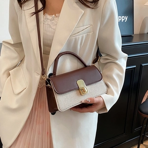 Elegant retro contrast small square bag with metal lock buckle and crossbody strap