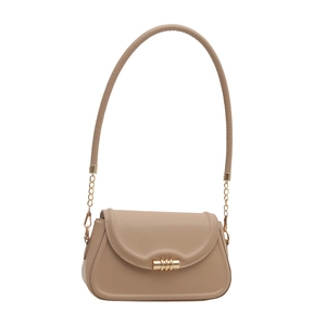 Elegant beige crossbody bag with gold metal cylinder lock and chain strap on white background