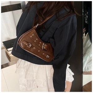 Retro dark brown leather shoulder bag with metallic buckle and stud details