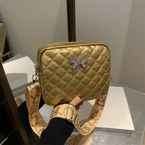 Borsa a Tracolla da Donna Trapuntata a Rombi in Pelle PU Con Decorazione a Farfalla in Metallo Tracolla Larga Borsa Quadrata alla Moda