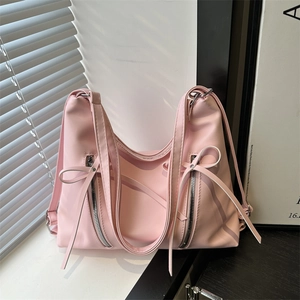 Sac à Épaule en Cuir PU pour Femmes Décor Nœud Grande Capacité Couleur Unie Sac Sous le Bras Y2K Métallique Sac à Dos