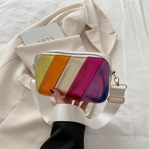 Women Multicolor Rainbow Striped Camera Bag PU Leather Shoulder Bag With Wide Strap Fashion Small Crossbody Bag For Daily Travel