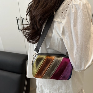 Rainbow striped metallic faux leather crossbody bag with adjustable wide nylon strap
