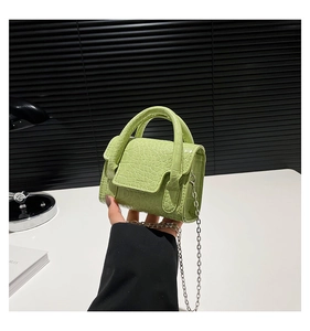 Detail of light green crocodile pattern mini handbag with silver chain and dual handles