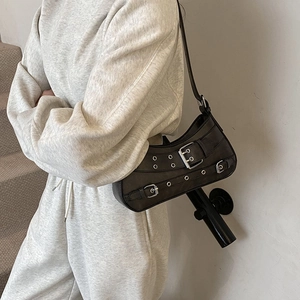 Retro punk style large shoulder bag with silver buckles and studs in dark coffee brown