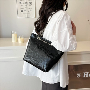 Glossy black crocodile pattern tote bag with metal chain strap for women