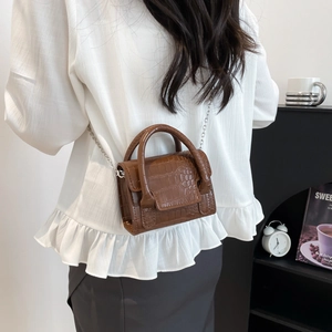 Brown crocodile embossed mini handbag with silver chain strap for women casual fashion