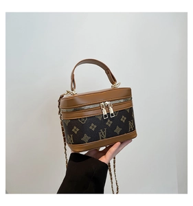 Detail of vintage monogram box bag with golden dual zippers and leather handle