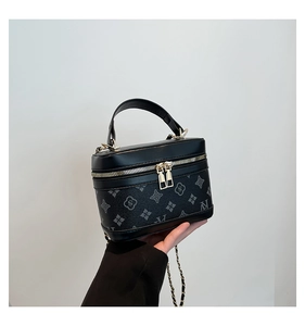 Detailed view of the luxury monogram box bag with gold double zippers and chain strap