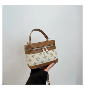 Close-up of vintage box bag with star print, chain strap and dual zipper closure