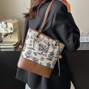 Chinese style printed canvas tote bag with brown leather trim and tassel for women