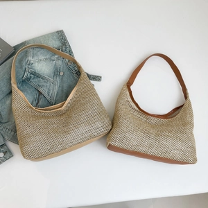 Bohemian large straw woven tote bag with leather trim and handle for summer vacation