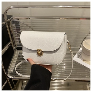 Detail of white lychee leather saddle bag with gold metal clasp and sleek modern design