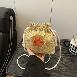 Forest Style Sunflower Straw Woven Bucket Bag For Women Summer Beach Drawstring Crossbody Shoulder Bag Casual Vacation Small Tote