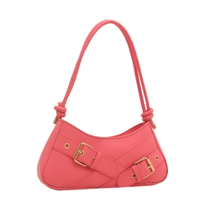 Minimalist coral pink matte leather underarm baguette bag with double metal buckles