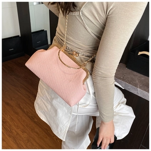 Detail of pink woven shell-shaped crossbody bag with vintage metal clasp and chain