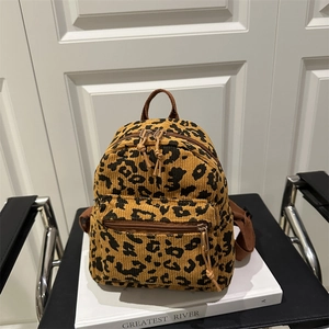 Women Fashion Corduroy Leopard Print Mini Backpack Casual Urban Style Small School Bag For Daily Travel