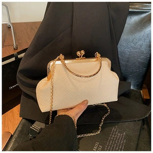 Macro detail of cream woven shell handbag featuring gold metal clasp and chain strap