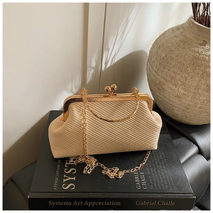 Detail of beige woven shell bag with gold clasp and chain on an artistic background
